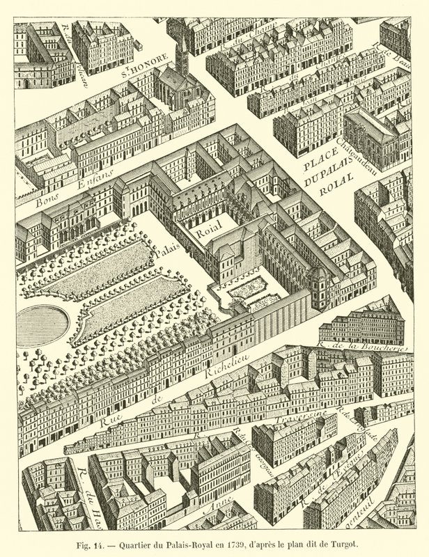 Palais-Royal-distriktet i 1739, i henhold til den såkalte planen til Turgot av French School