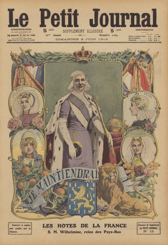 Dronning Wilhelmina av Nederland (farge litho) av French School