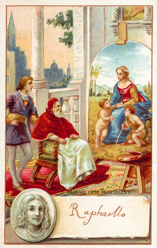 Raphael og pave Julius II (chromolitho) av French School