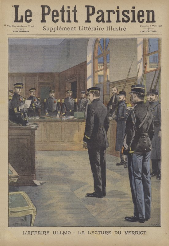 Lesing av dommen ved landsforræderiet mot Charles Benjamin Ullmo (farge litho) av French School