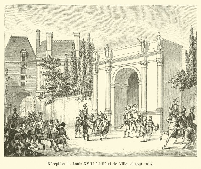 Mottakelse av Louis XVIII på Hotel de Ville, 29. august 1814 av French School