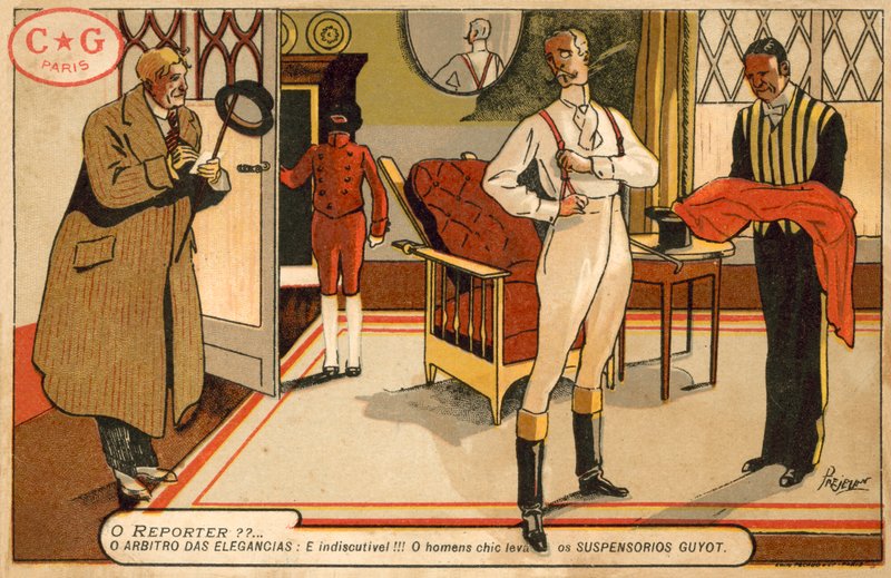 Reporter som intervjuer en herre som kler seg (chromolitho) av French School