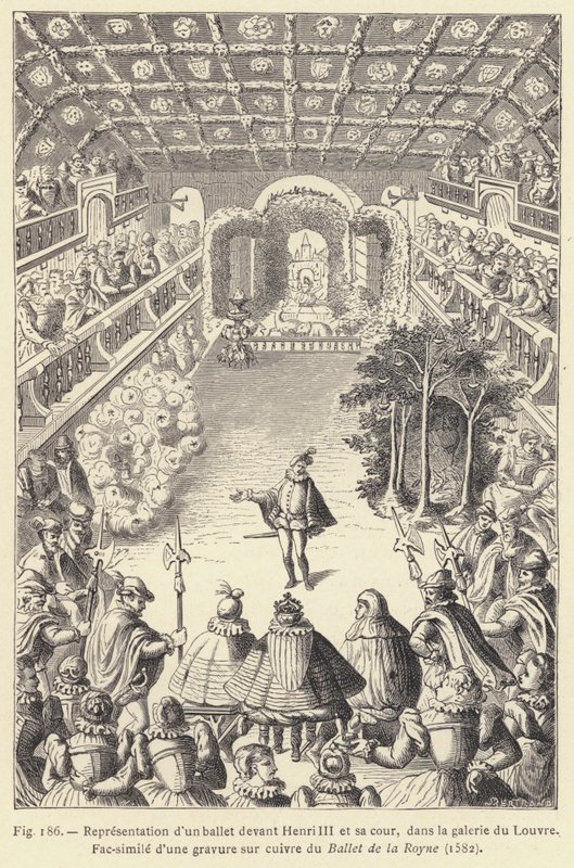 Representasjon av en ballett for Henri III og hans domstol, i Louvre-galleriet (gravering) av French School
