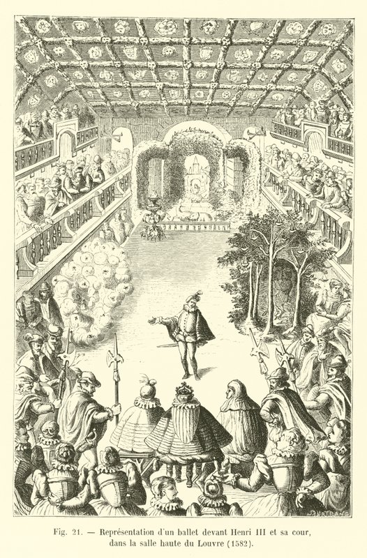 Fremføring av en ballett for Henri III og hans domstol, i den øvre salen i Louvre, 1582 av French School