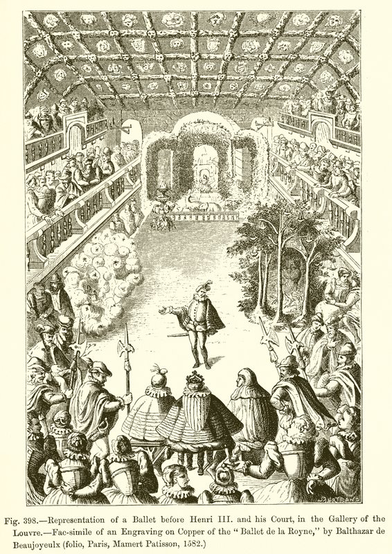 Representasjon av en ballett for Henri III og hans domstol, i Louvre-galleriet av French School