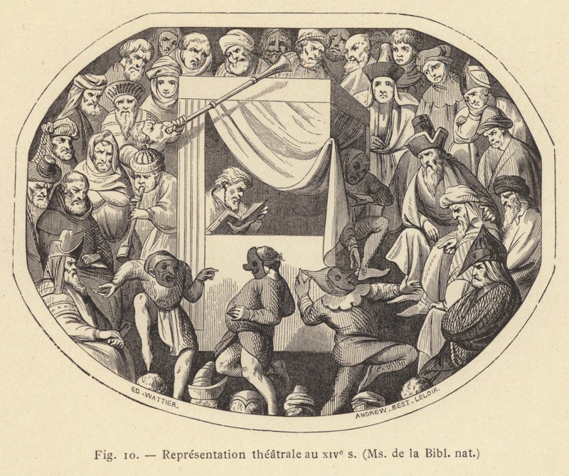 Teaterforestilling på 1300-tallet, Ms de la Bibl nat (gravering) av French School