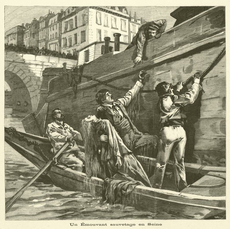 Redning av en kvinne fra elven Seinen i Paris (gravering) av French School