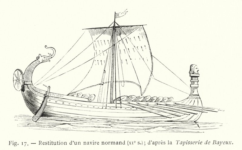 Restitusjon av et normannisk skip, 1000-tallet; etter Bayeux-teppet (gravering) av French School