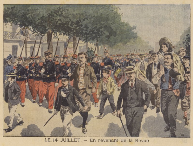 Hjemreise fra Bastille Day-paraden (farge litho) av French School
