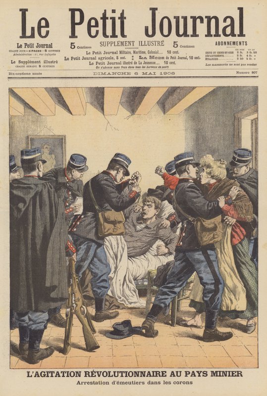 Revolusjonær agitasjon i kullfeltene i Nord-Pas-de-Calais, Frankrike (farge litho) av French School