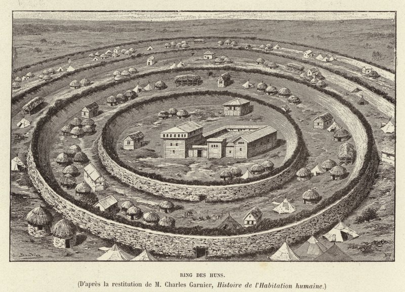 Ring des Huns. Ringformede festningsverk som beskytter en bosetning av hunerne (gravering) av French School