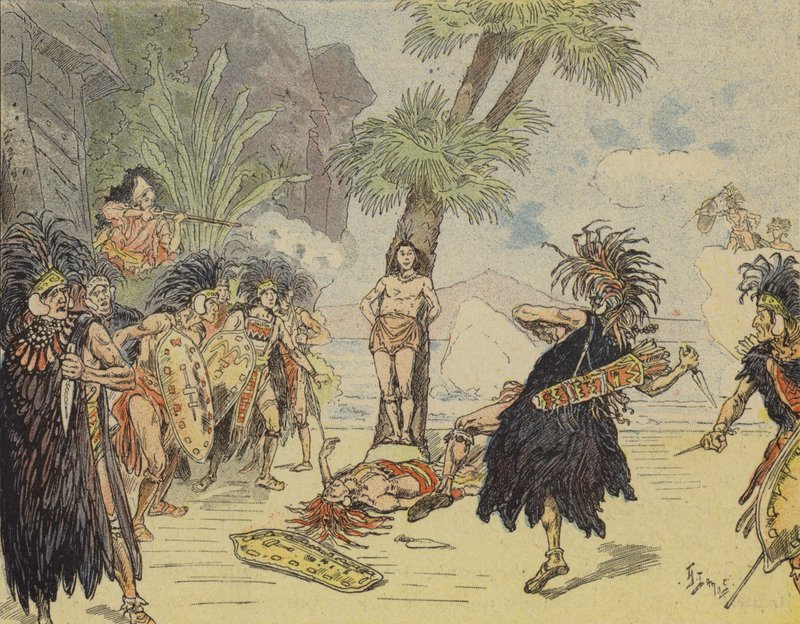Robinson Crusoe dreper kannibalsjefen og redder fredagens liv (farge litho) av French School