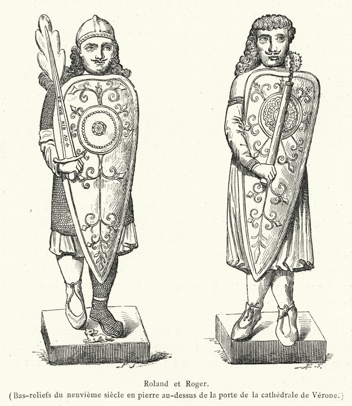 Roland et Roger, Bas-reliefs du neuvieme siecle en pierre au-dessus de la porte de la cathedrale de Verona (gravering) av French School
