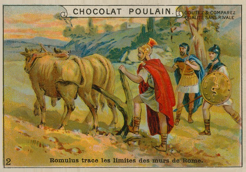 Romulus setter grensene for Roma, Chocolat Poulain handelskort av French School