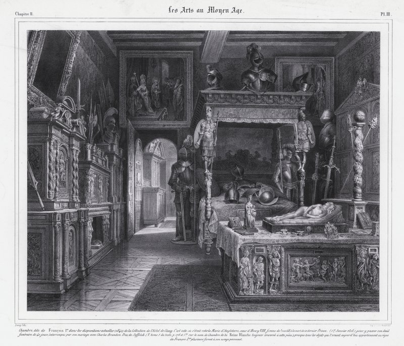 Rom på Hotel de Cluny, Paris, hvor Mary Tudor tilbrakte sin sorgperiode i 1515 etter døden til ektemannen, kong Louis XII av Frankrike (litho) av French School