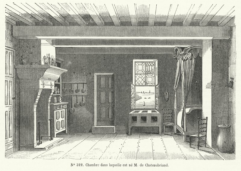 Rom i Hotel de France i St Malo, Bretagne, der den franske forfatteren og politikeren Francois-Rene de Chateaubriand ble født (gravering) av French School