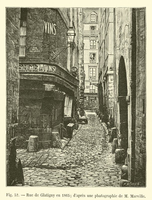 Rue de Glatigny i 1865; fra et fotografi av M Marville av French School