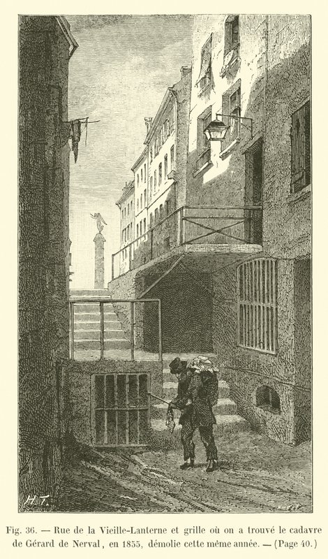 Rue de la Vieille-Lanterne og porten der liket av Gerard de Nerval ble funnet i 1855, revet samme år av French School