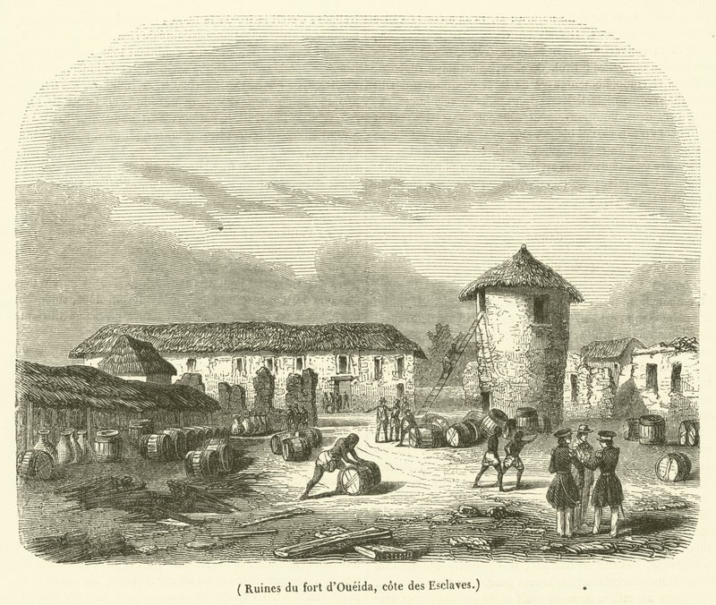 Ruinene av Oueida-fortet, Slavekysten (gravering) av French School