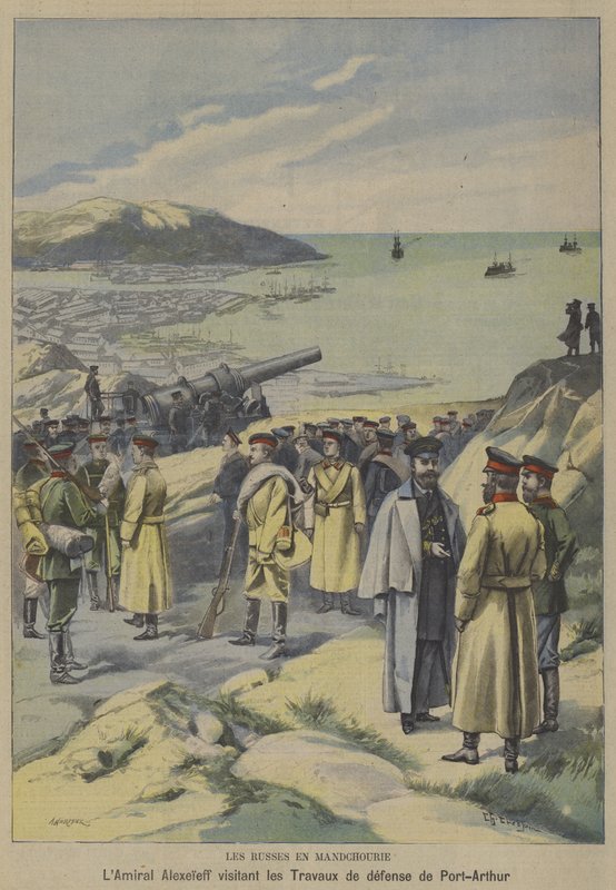 Russisk admiral Yevgeni Alekseyev besøker forsvar under bygging i Port Arthur, Manchuria, på tampen av den russisk-japanske krigen (farge litho) av French School