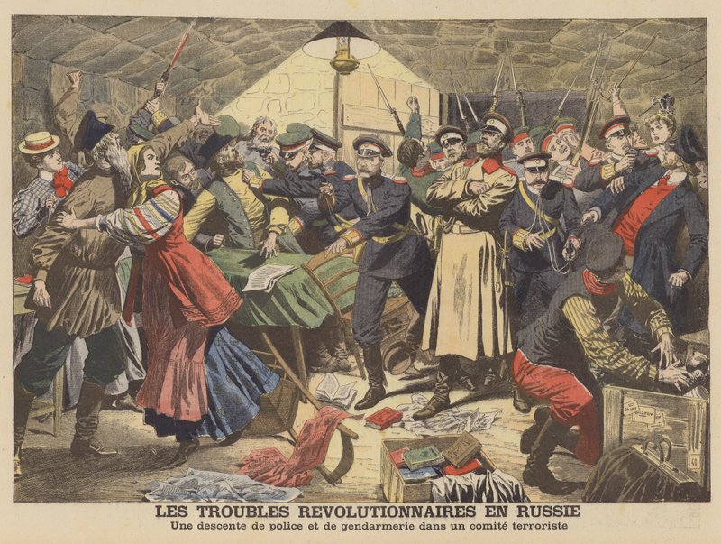 Russisk politi bryter opp et revolusjonært møte (color litho) av French School