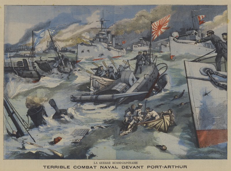 Russisk-japansk krig: sjøslag utenfor Port Arthur (farge litho) av French School
