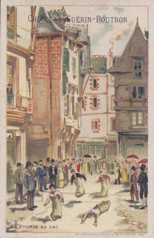 Sekkeløp i en gate (chromolitho) av French School