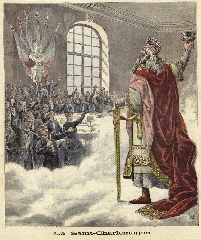 Saint Charlemagne hever en kalk til sittende middagsgjester av French School