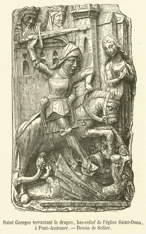 Saint George som dreper dragen, basrelieff av Saint-Ouen-kirken, i Pont-Audemer (gravering) av French School