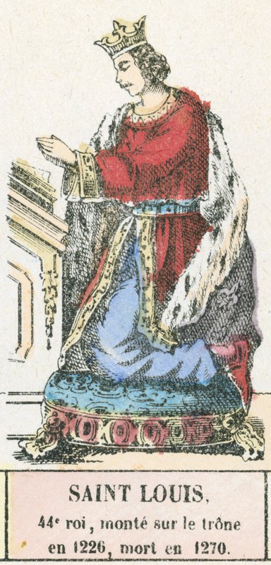 Saint Louis, 44. konge, besteg tronen i 1226, døde i 1270 (farget gravering) av French School