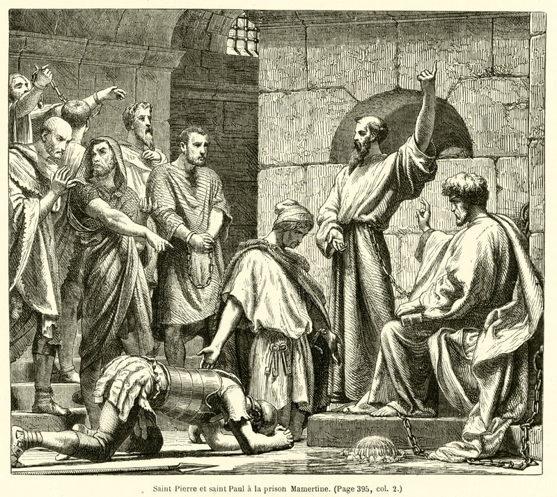 Saint Peter og Saint Paul i Mamertine-fengselet (gravering) av French School