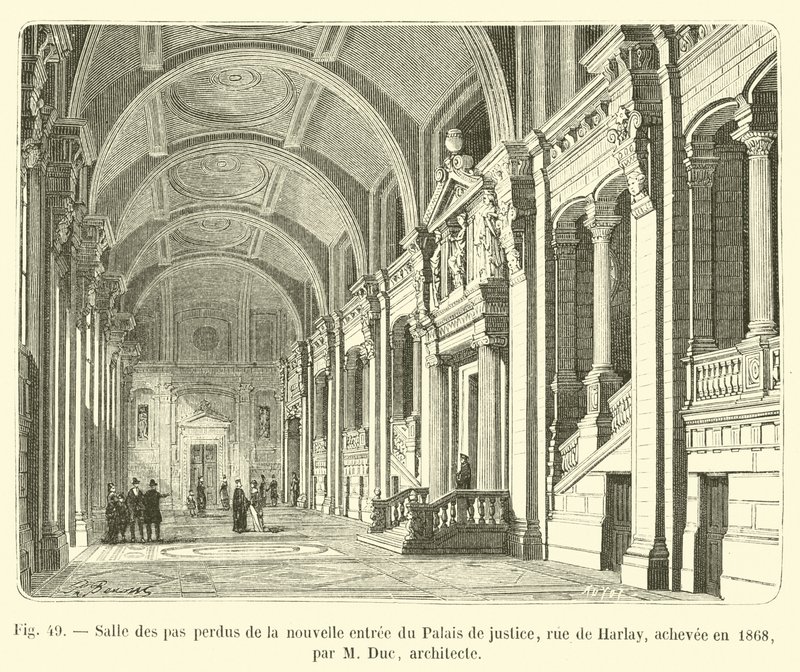 Salle des pas perdus av den nye inngangen til Palais de justice, rue de Harlay, ferdigstilt i 1868, av M Duc, arkitekt av French School