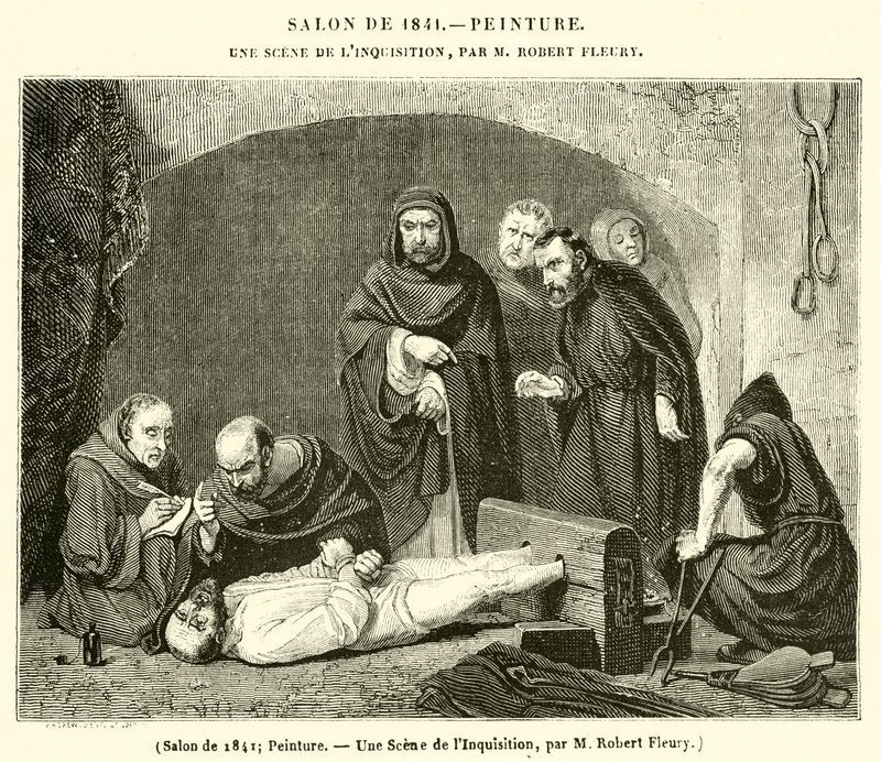 Salong fra 1841, maleri, en scene fra inkvisisjonen (gravering) av French School