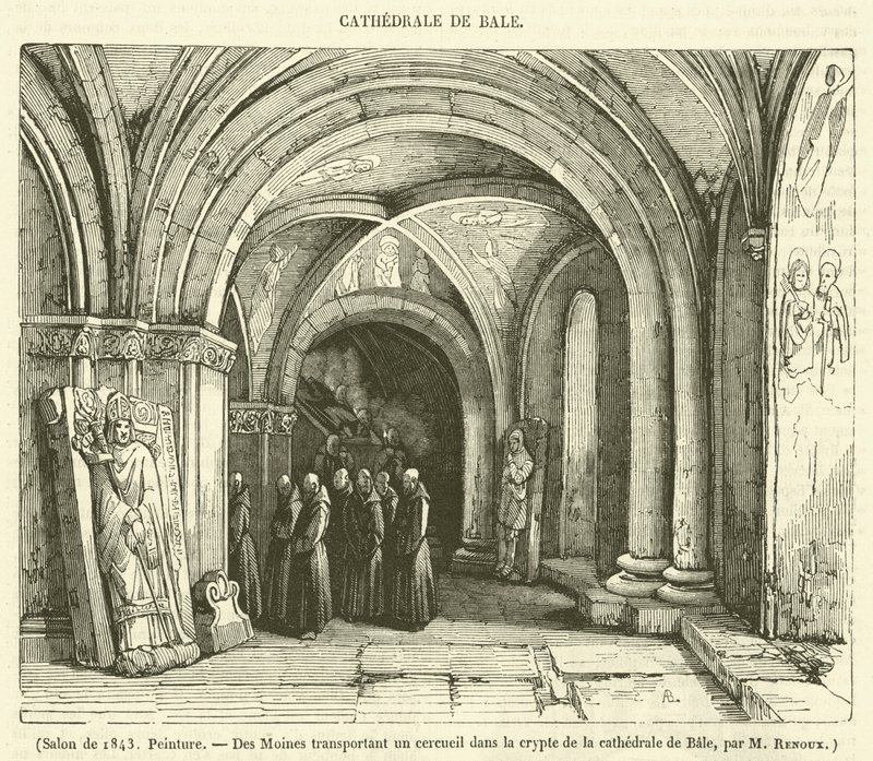 Salongen fra 1843, maleri, munker som bærer en kiste inn i krypten i Basel-katedralen (gravering) av French School