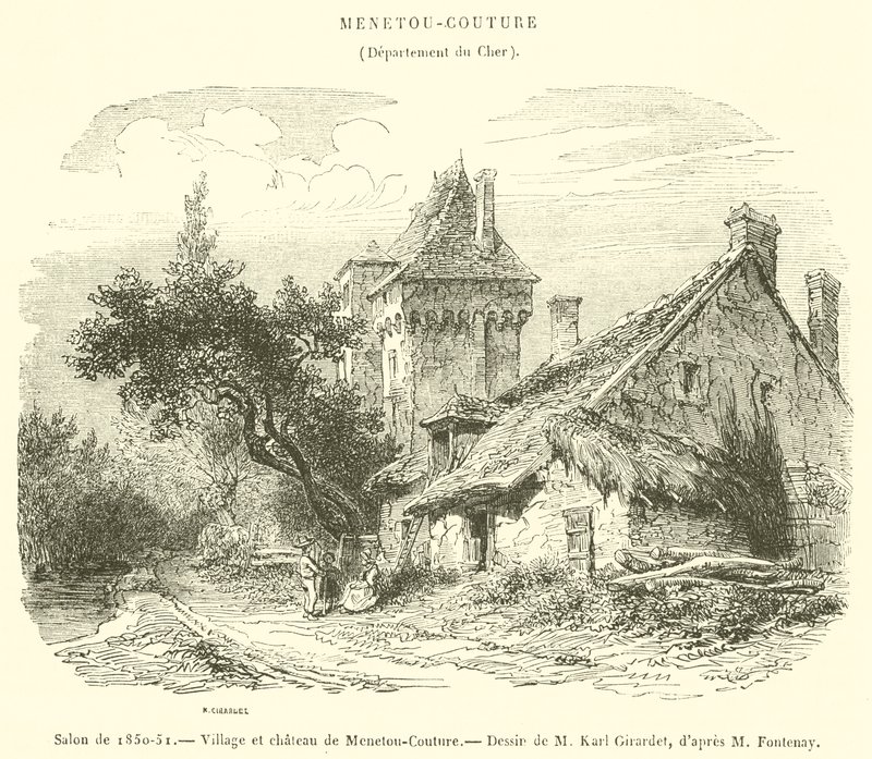 Stue fra 1850-51, landsbyen og slottet Menetou-Couture (gravering) av French School