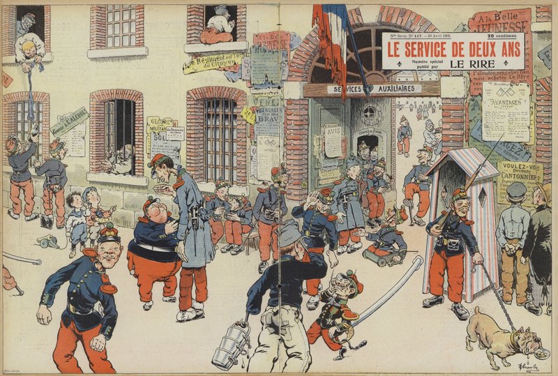 Satire over innføringen av verneplikten i den franske hæren. Illustrasjon for Le Rire (farge litho) av French School