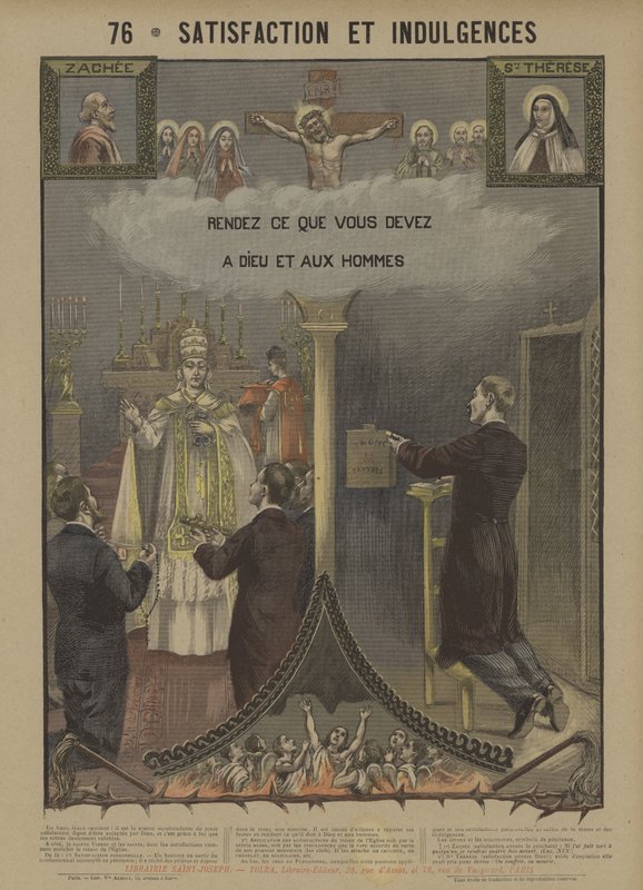Tilfredsstillelse og avlat (farge litho) av French School