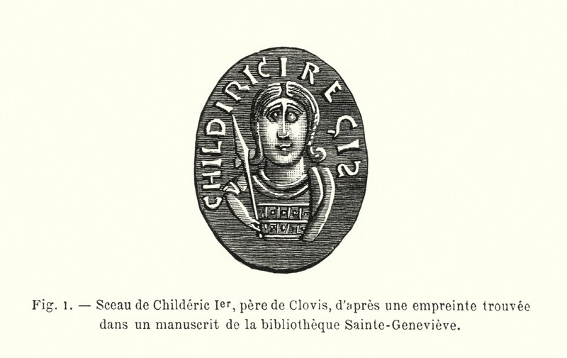 Segl til Childeric I, far til Clovis, fra et avtrykk funnet i et manuskript i Sainte-Genevieve-biblioteket (gravering) av French School