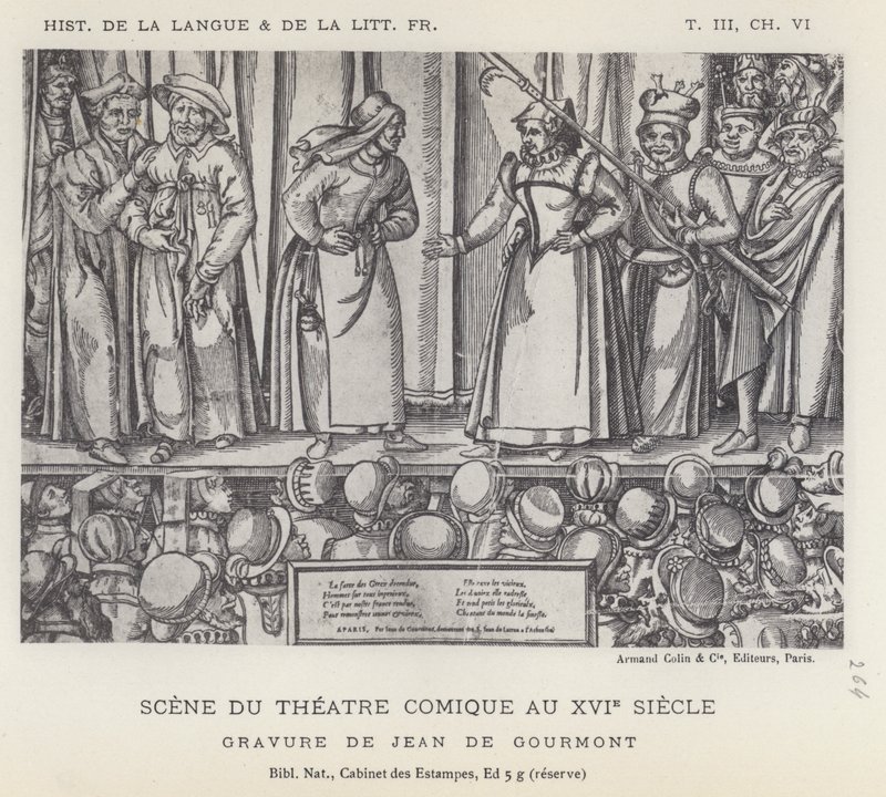Scene fra det komiske teateret i det sekstende århundre (litho) av French School