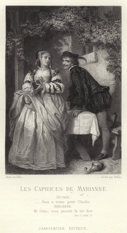 Scene fra Les Caprices de Marianne, et skuespill av Alfred de Musset av French School