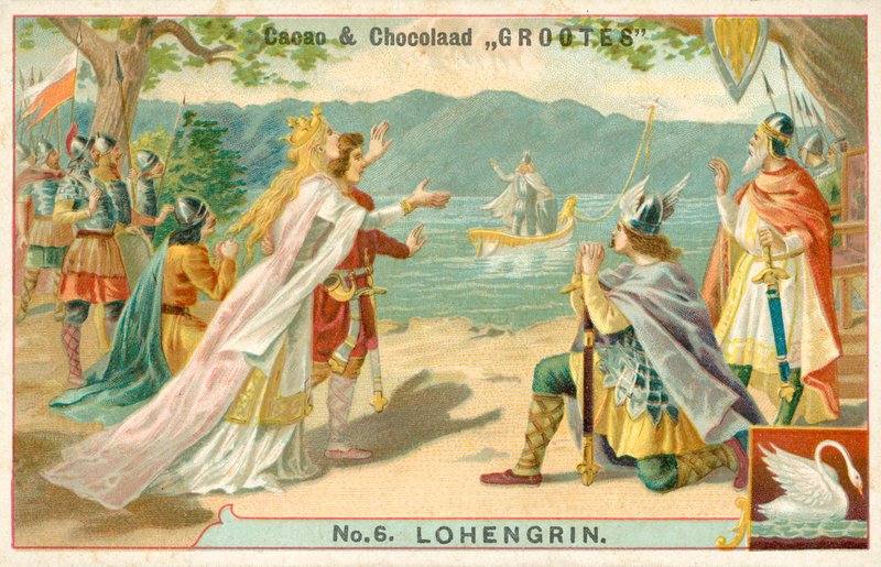 Scene fra Richard Wagners opera Lohengrin (chromolitho) av French School