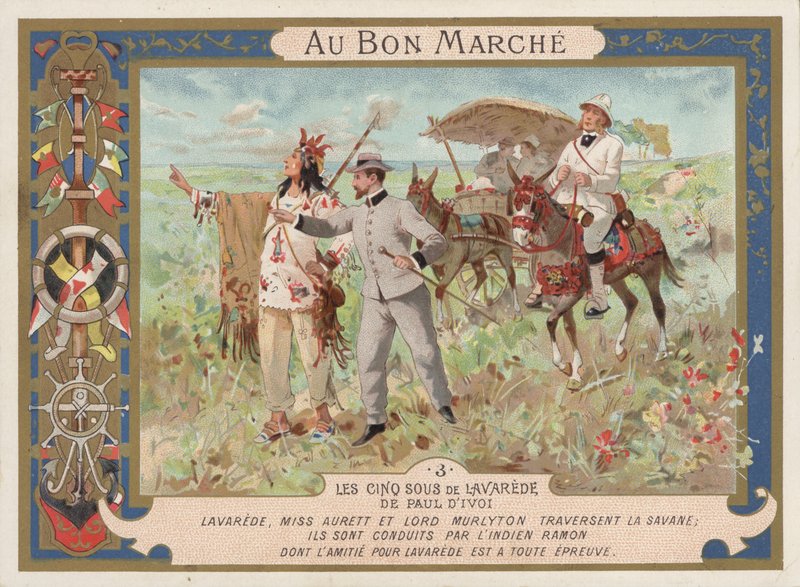 Scene fra romanen Les Cinq Sous de Lavarede, av Paul Ivoi (chromolitho) av French School