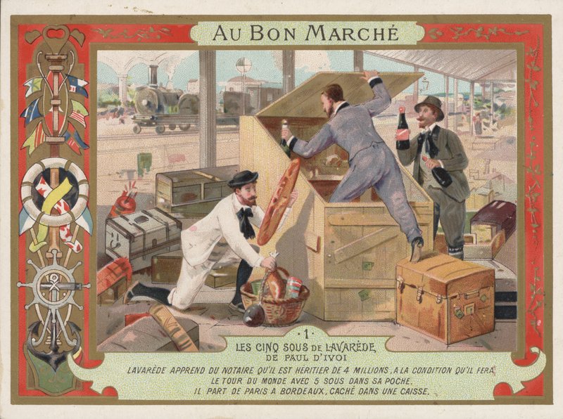 Scene fra romanen Les Cinq Sous de Lavarede, av Paul Ivoi (chromolitho) av French School