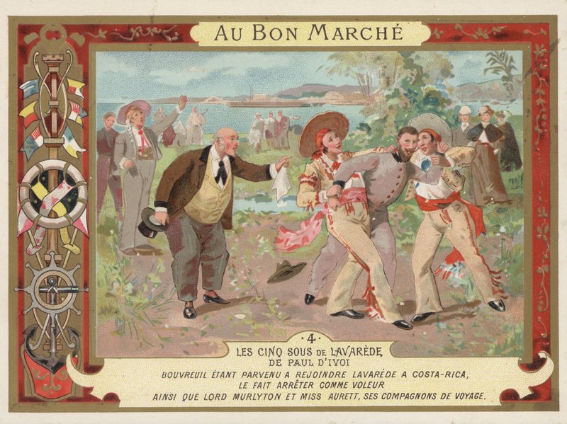 Scene fra romanen Les Cinq Sous de Lavarede, av Paul Ivoi (chromolitho) av French School