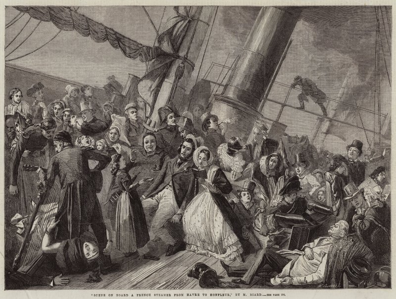 Scene om bord på en fransk dampbåt fra Havre til Honfleur (gravering) av French School