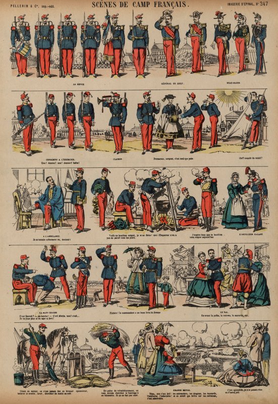 Scener fra en fransk hærleir (farget gravering) av French School