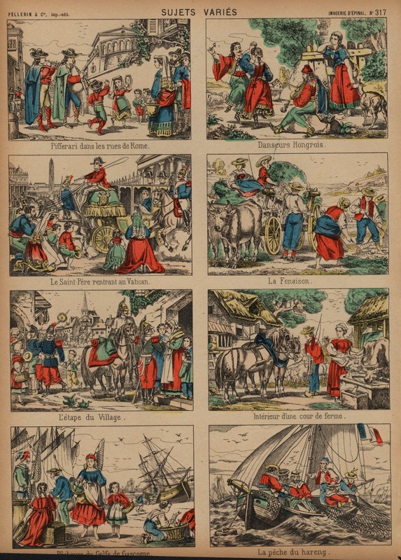 Scener fra hele Europa (farget gravering) av French School