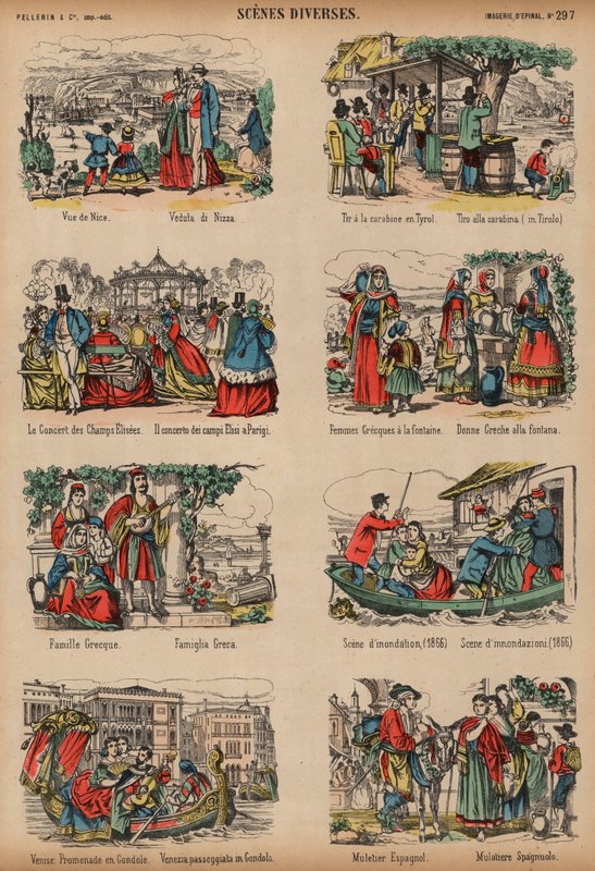 Scener fra forskjellige europeiske steder (farget gravering) av French School