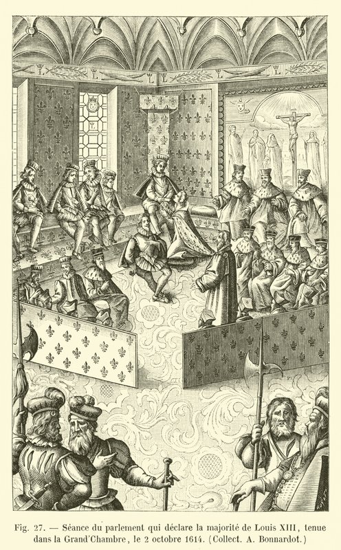Sesjon av parlamentet som erklærer flertallet av Louis XIII, holdt i Storkammeret, 2. oktober 1614, Collect A Bonnardot av French School
