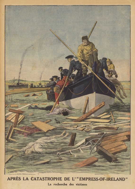 Søk etter ofre for senkingen av keiserinnen av Irland (farge litho) av French School